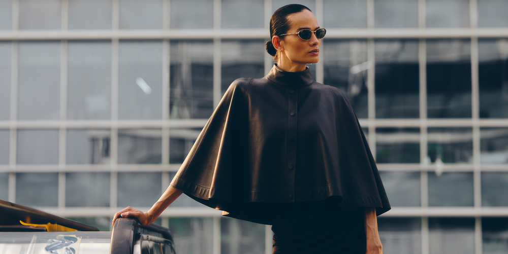 leather black cape jacket for women full view