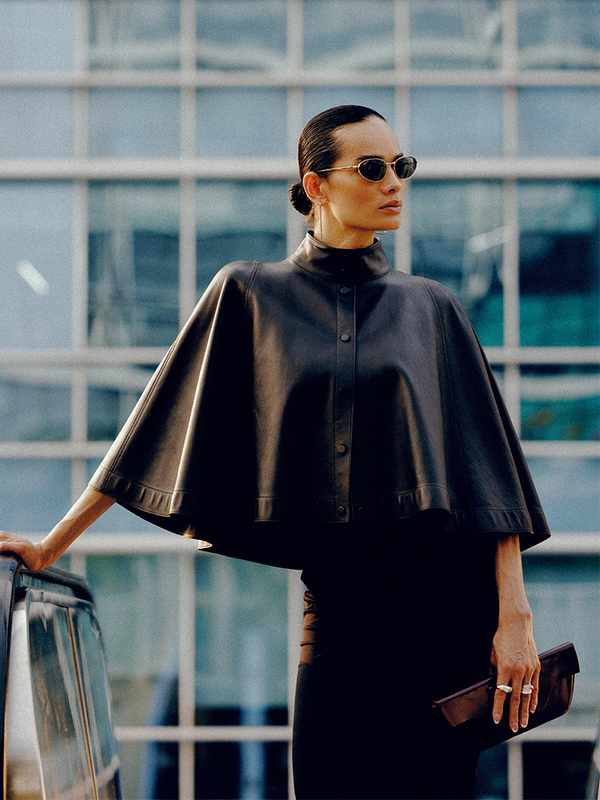 leather black cape jacket for women