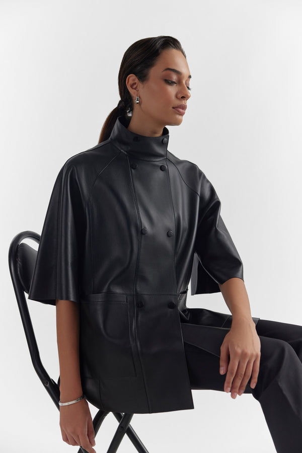 Black Petra Leather Cape Jacket